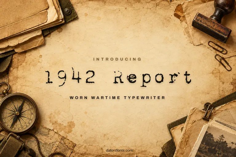 1942 Report font poster: worn typewriter letters with old folders, a compass and a stamp