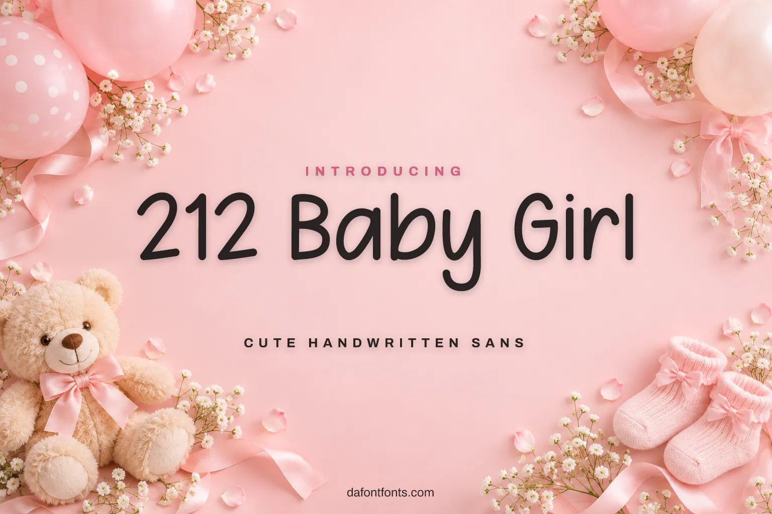 212 Baby Girl font poster: dark grey handwritten letters on a pastel baby-shower background