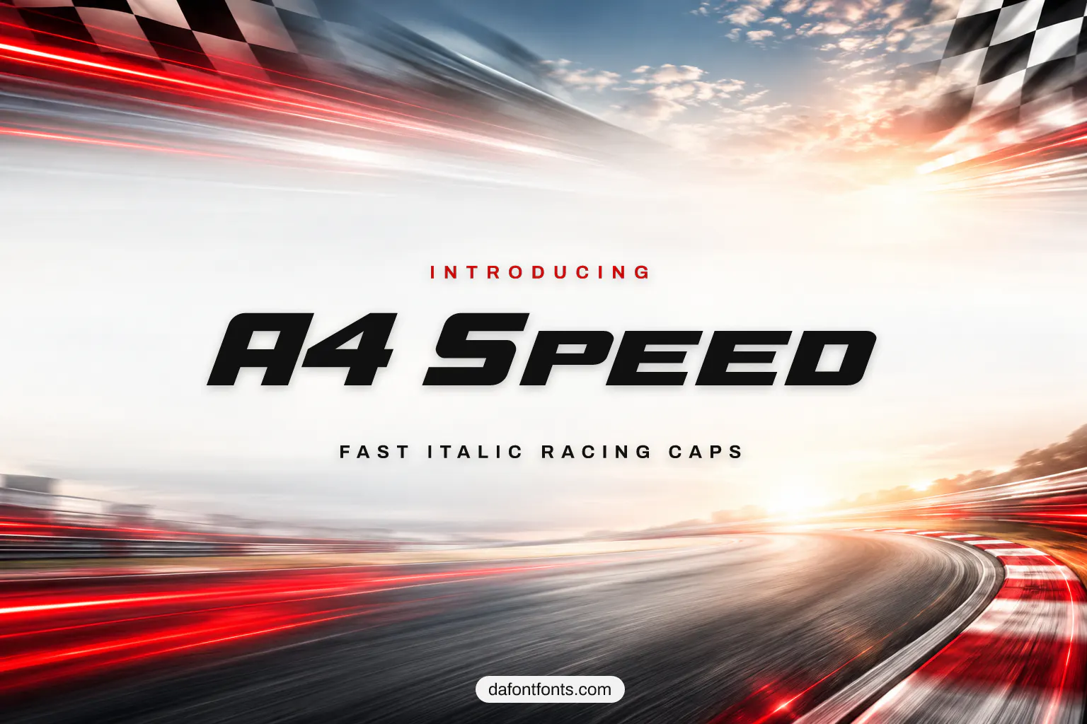 A4 Speed font poster: black fast italic caps on a motorsport background