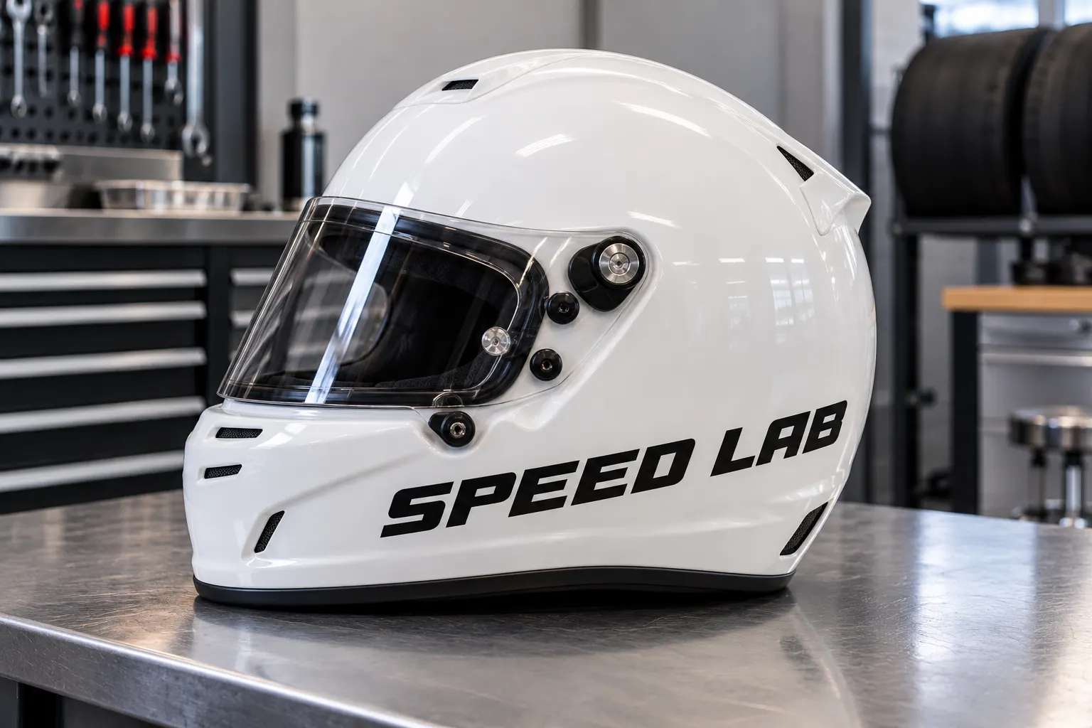 A4 Speed font on a racing helmet reading SPEED LAB