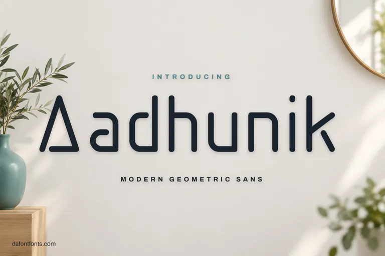 Aadhunik font poster: navy geometric letters on warm grey with a teal vase