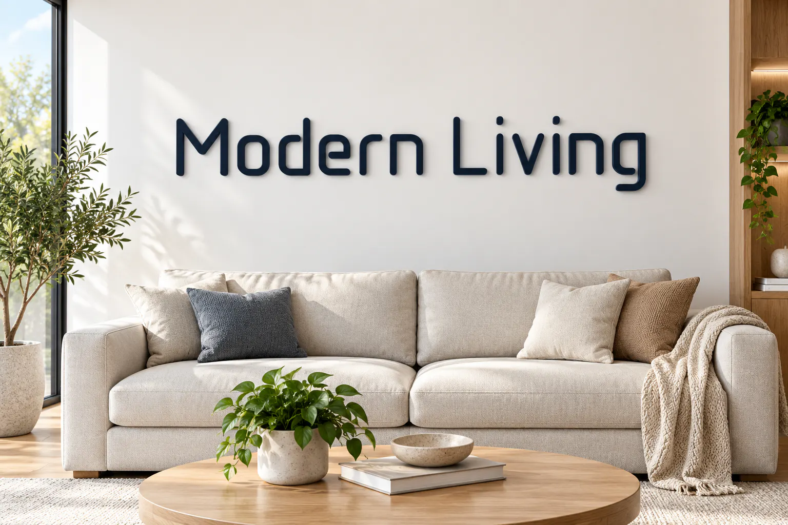 Aadhunik font on a living room wall sign reading Modern Living