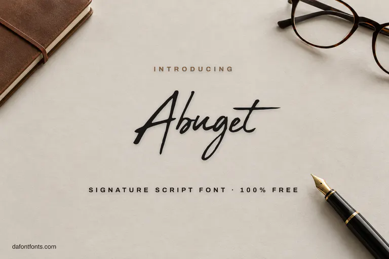 Abuget font poster: dark signature script on stone grey paper with a fountain pen