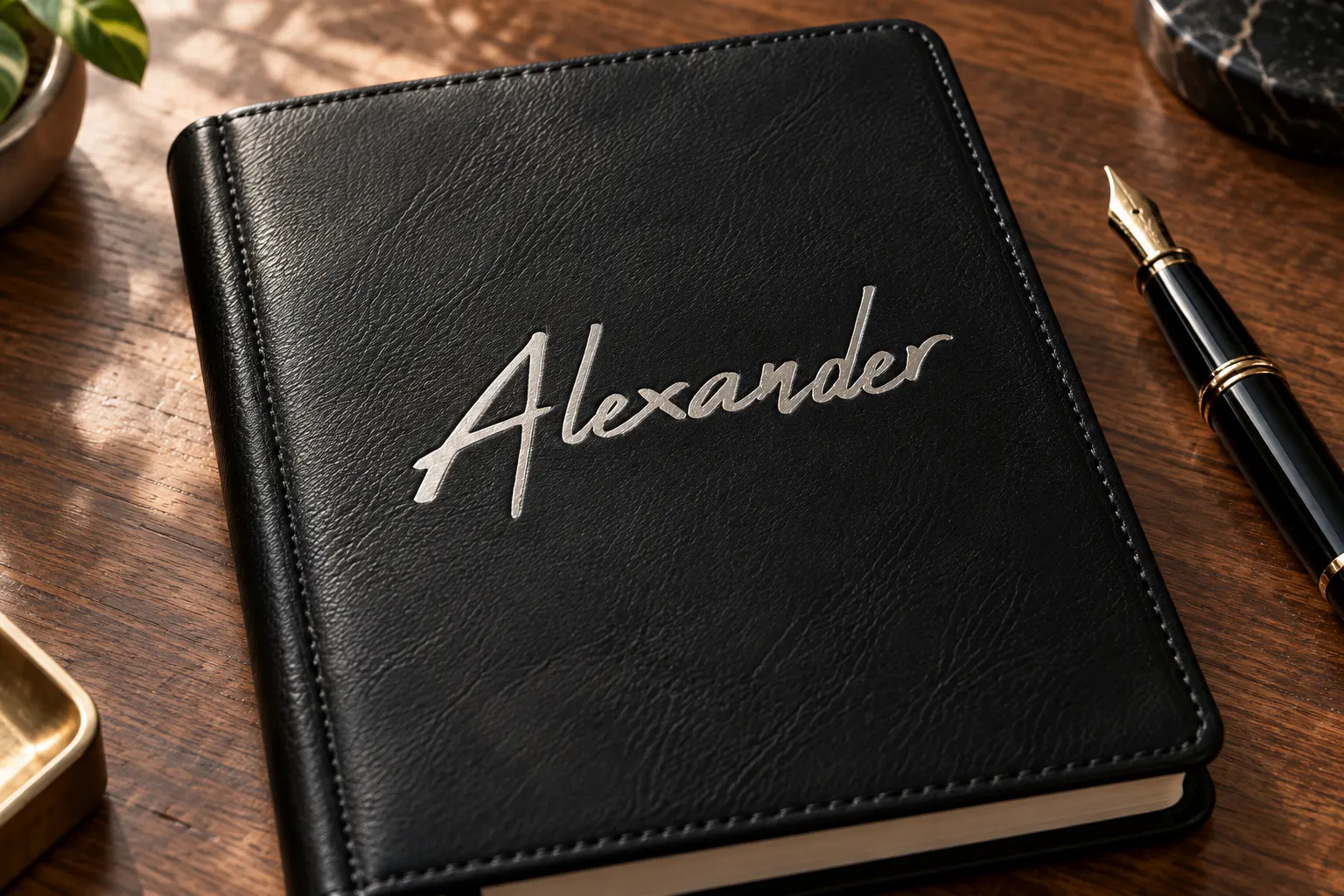 Abuget font on a black leather notebook reading Alexander