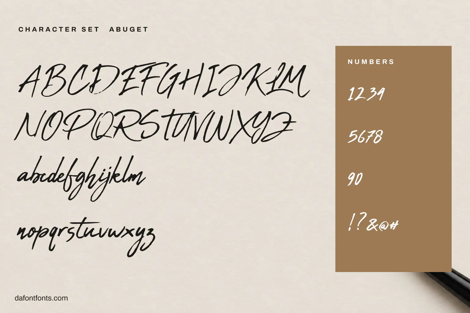 Abuget character set: alphabet, numbers and symbols