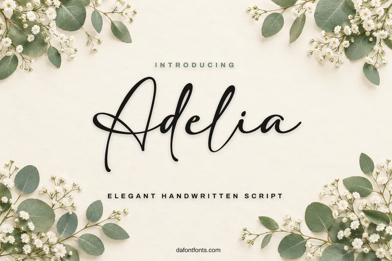Adelia font poster: black script on a soft cream background with eucalyptus