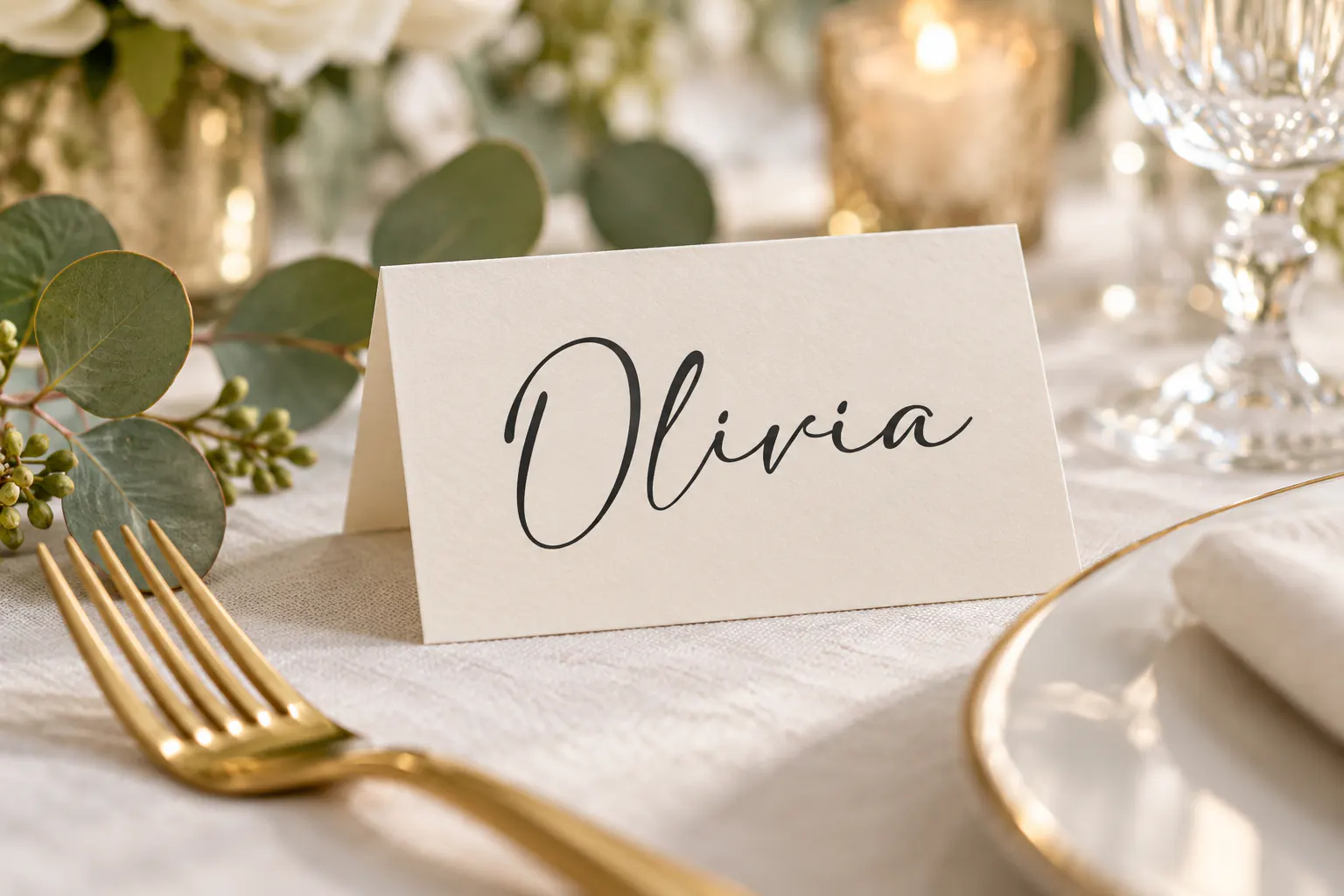 Adelia font on a wedding place card reading Olivia
