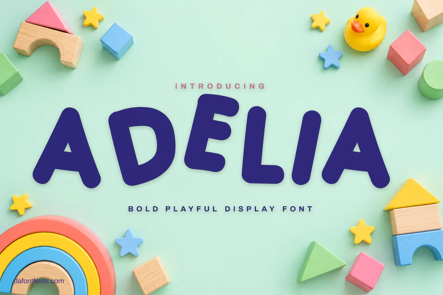 Adelia font poster: purple bouncy caps on mint green with toy blocks