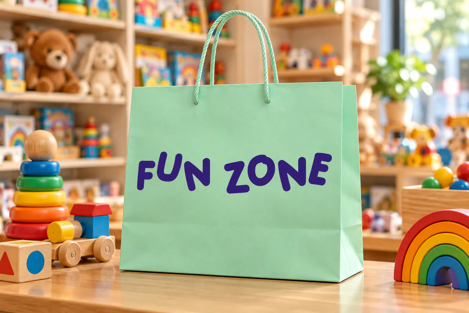 Adelia font on a toy store shopping bag reading FUN ZONE