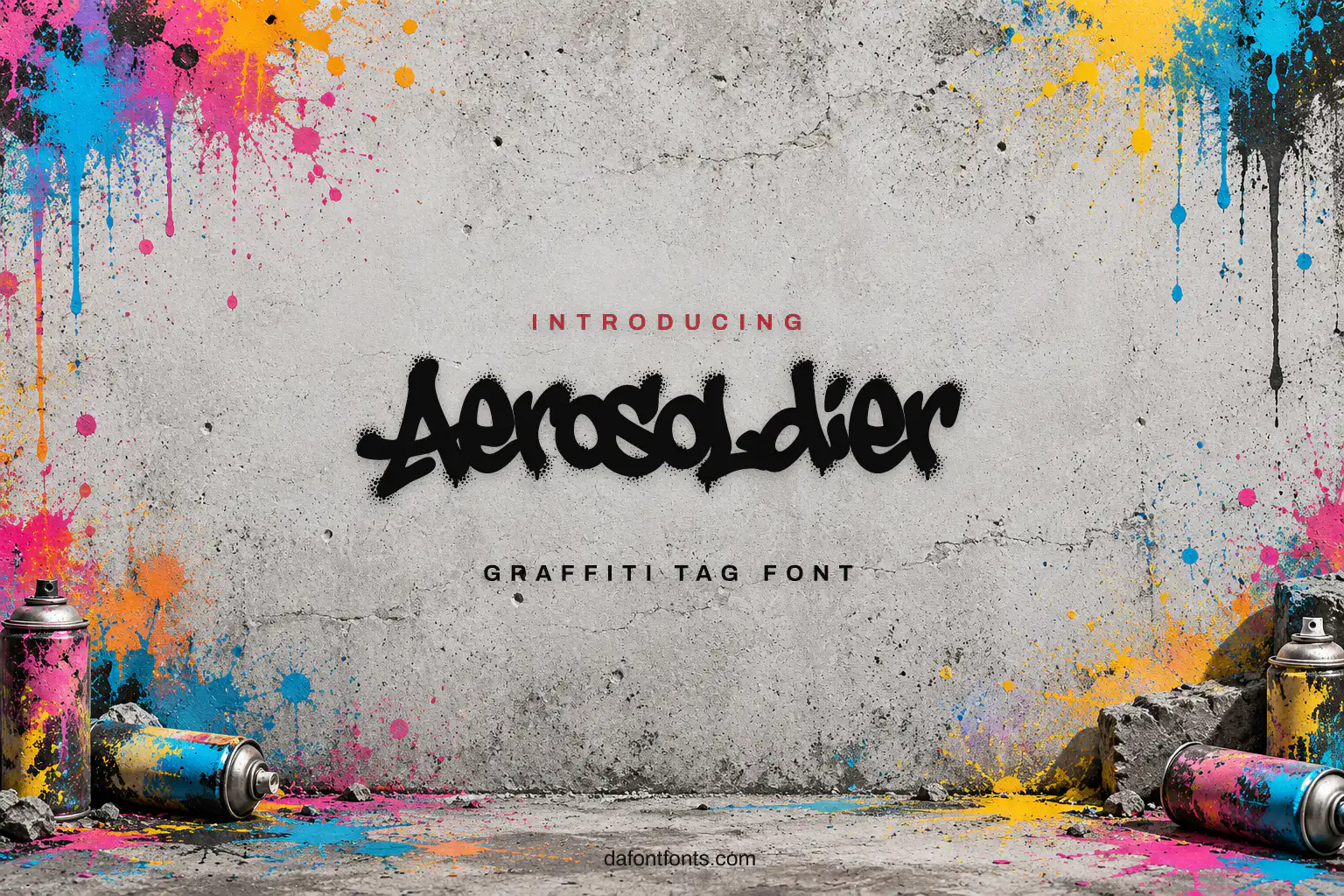 Aerosoldier font poster: black graffiti tag on a grey wall with colorful spray paint