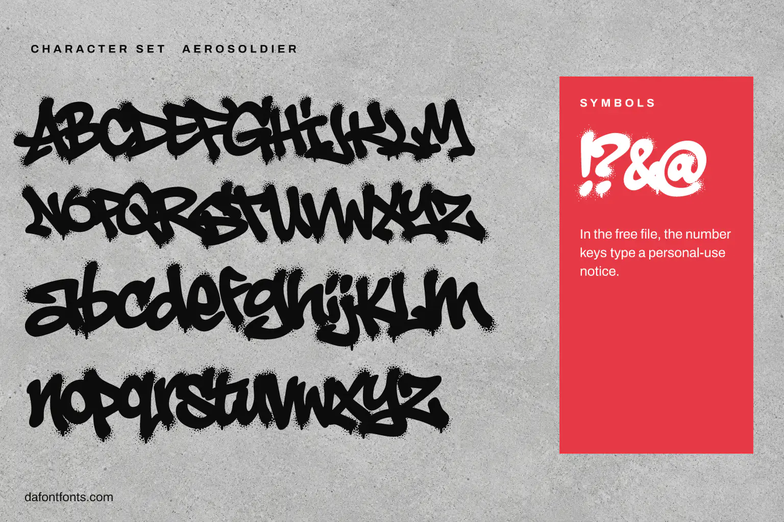 Aerosoldier character set: capitals, lowercase and symbols (the number keys type a notice)