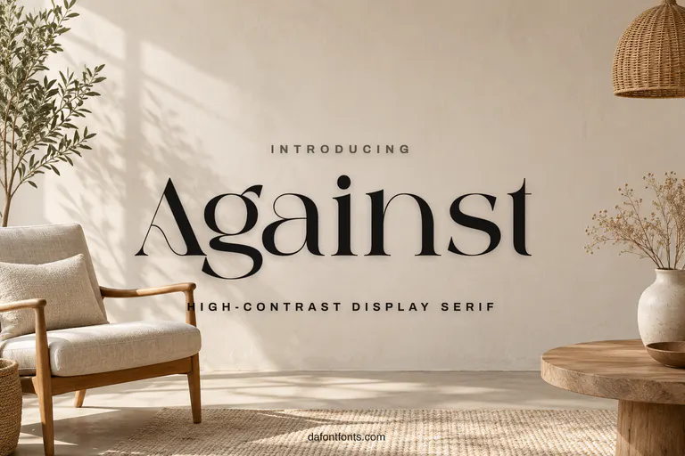 Against font poster: black high-contrast serif on a minimal beige Scandinavian background