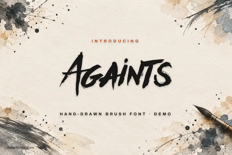 Againts font poster: black ink brush letters on watercolor paper with splatters