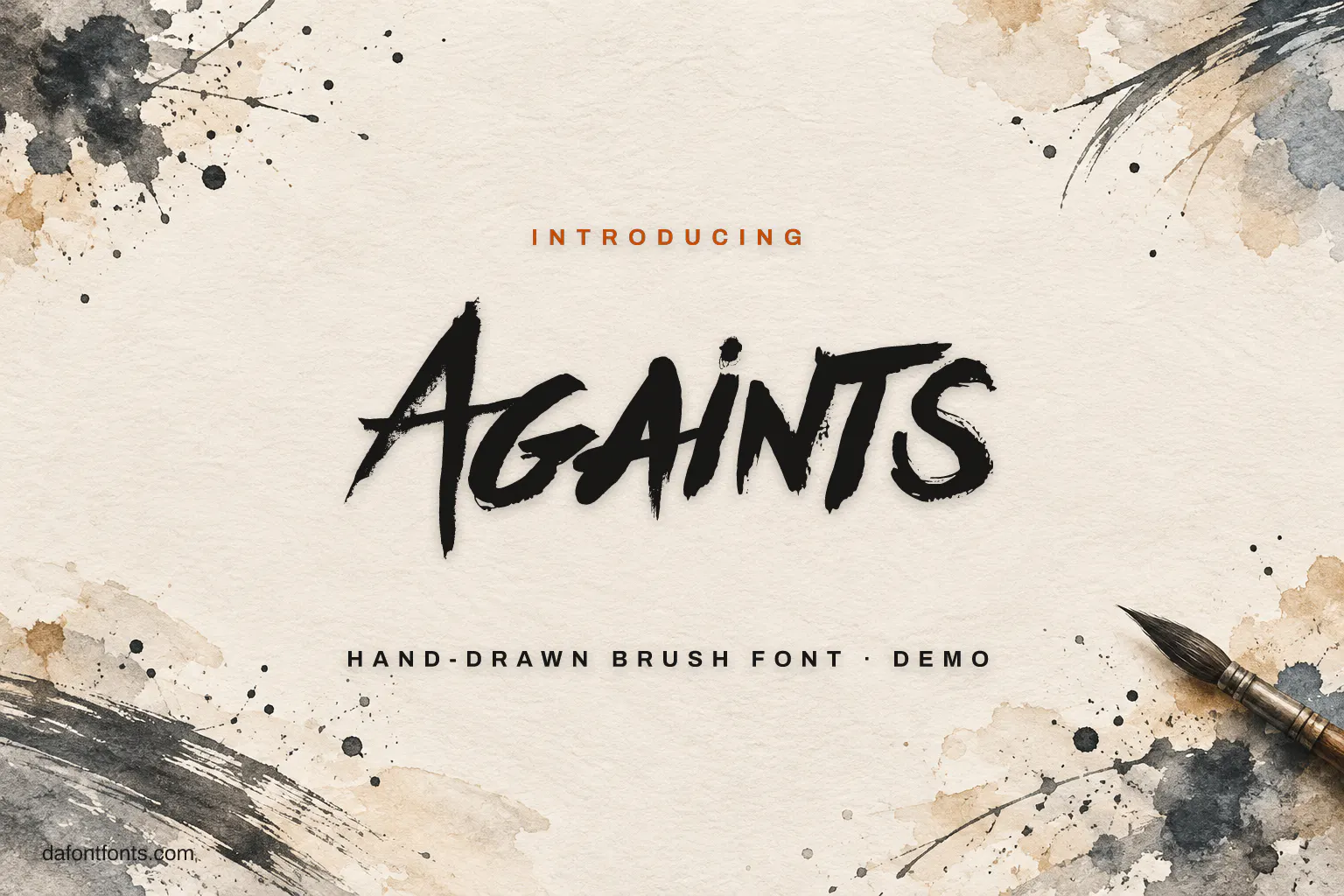 Againts font poster: black ink brush letters on watercolor paper with splatters