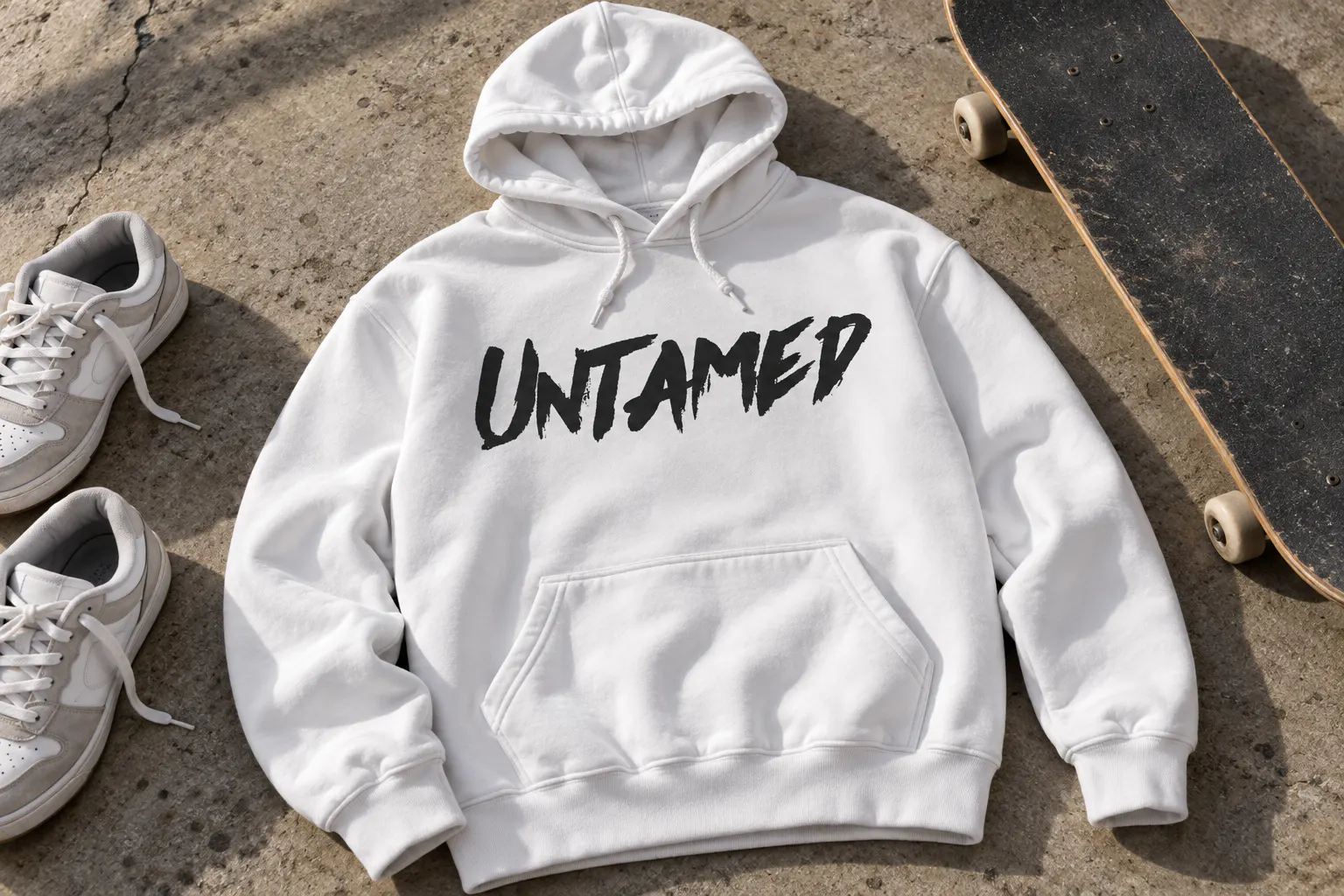 Againts font on a white hoodie reading Untamed