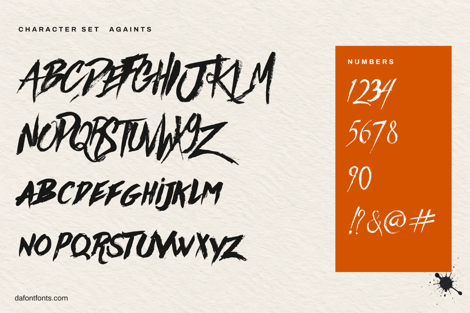 Againts character set: brush capitals, alternate capitals on the lowercase keys, numbers and symbols