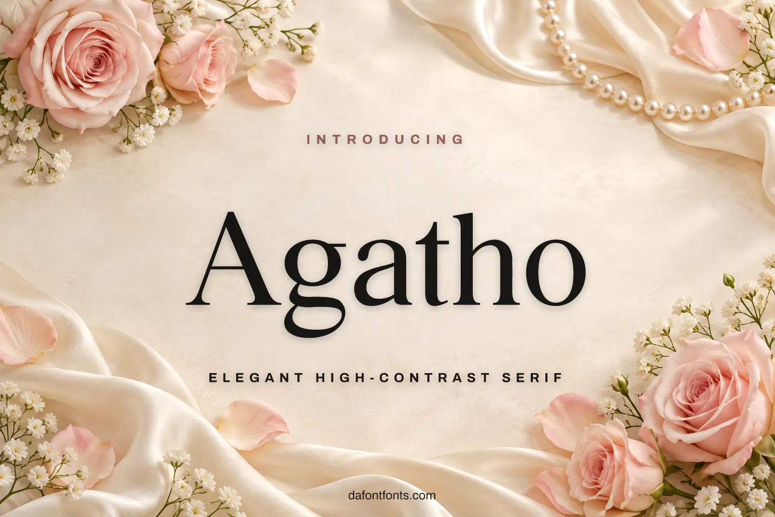 Agatho font poster: black serif letters on a soft ivory background with roses