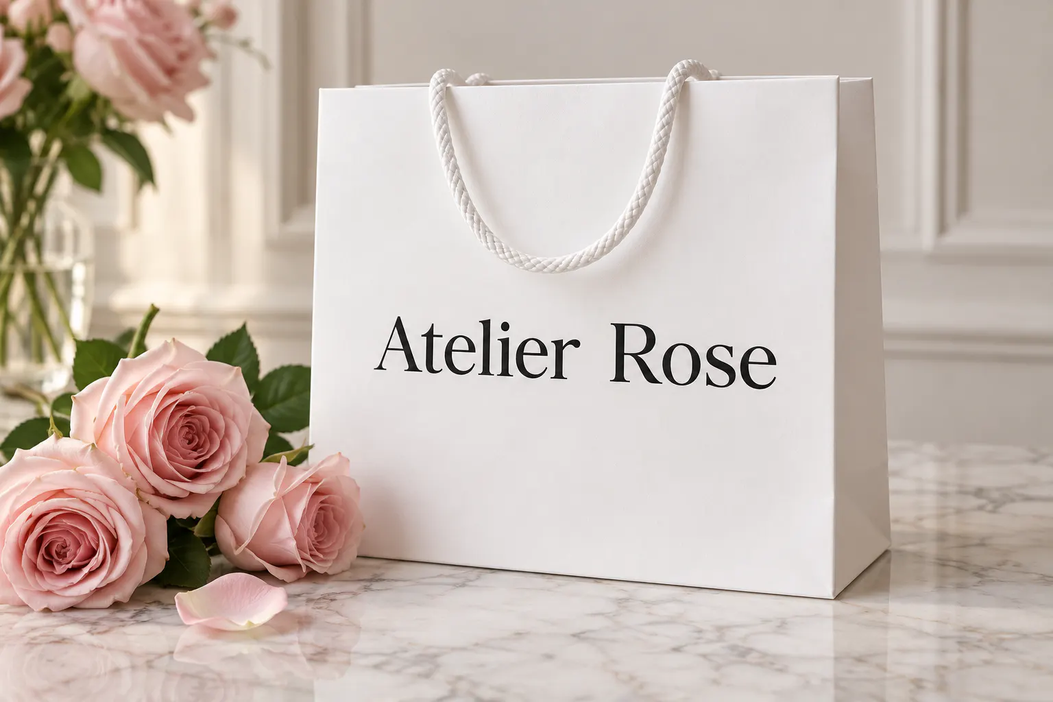 Agatho font on a boutique shopping bag reading Atelier Rose