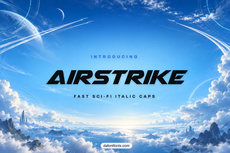Airstrike font poster: black fast italic caps on a blue sky background with jet contrails