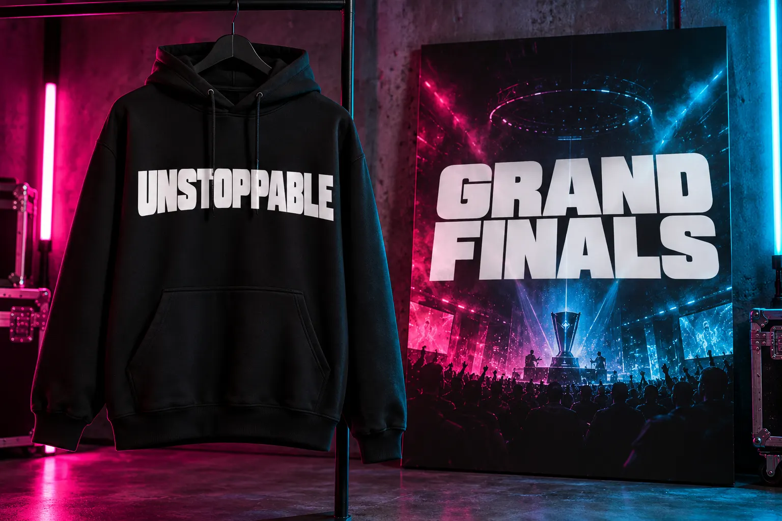 Akira style extended type on a streetwear hoodie and a gaming tournament poster
