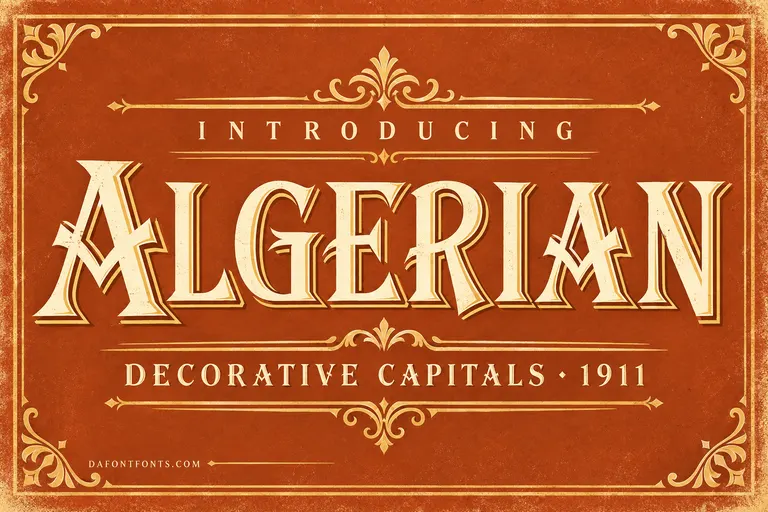 Algerian font poster: decorative inline capitals on a vintage terracotta and gold background