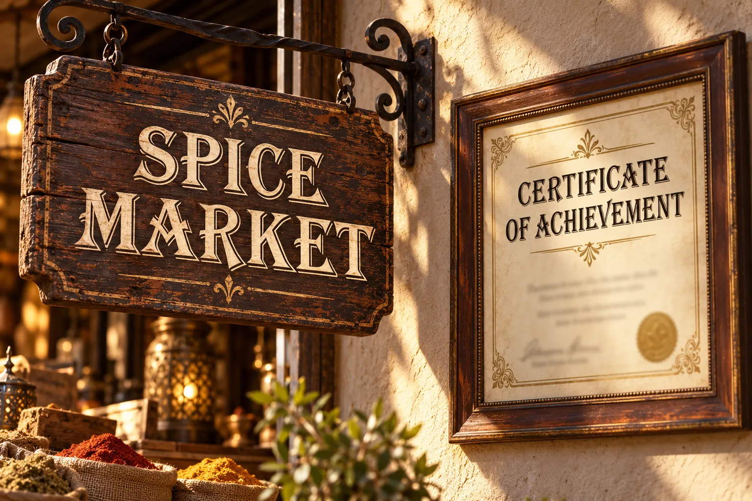 Algerian style capitals on an old shop sign and a certificate of achievement