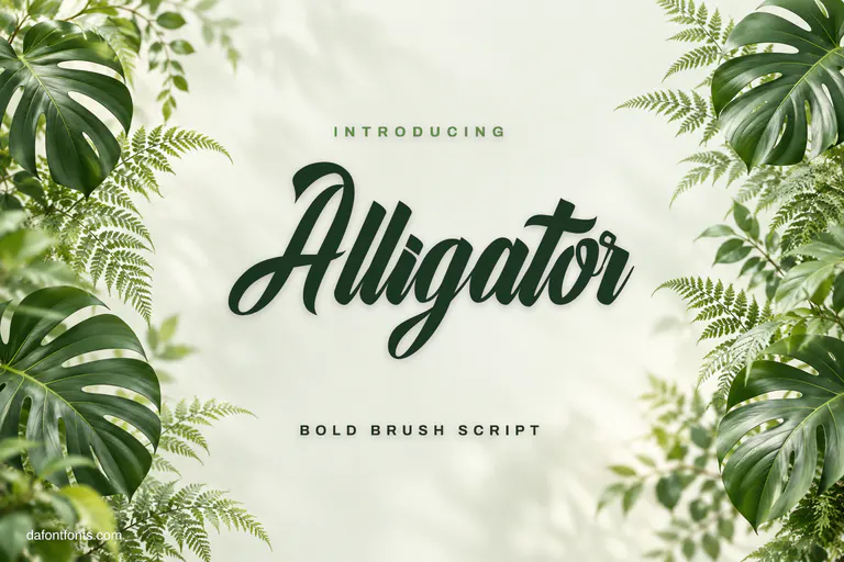 Alligator font poster: dark green brush script on sage white with tropical leaves