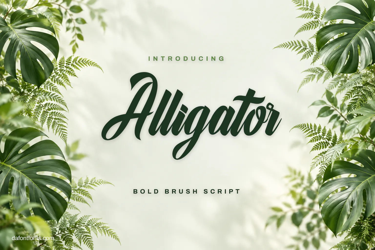 Alligator font poster: dark green brush script on sage white with tropical leaves