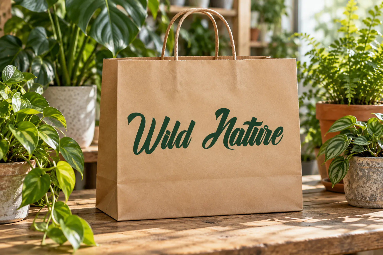 Alligator font on a plant shop bag reading Wild Nature