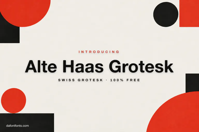 Alte Haas Grotesk font poster: black grotesk letters on off-white with red Swiss shapes