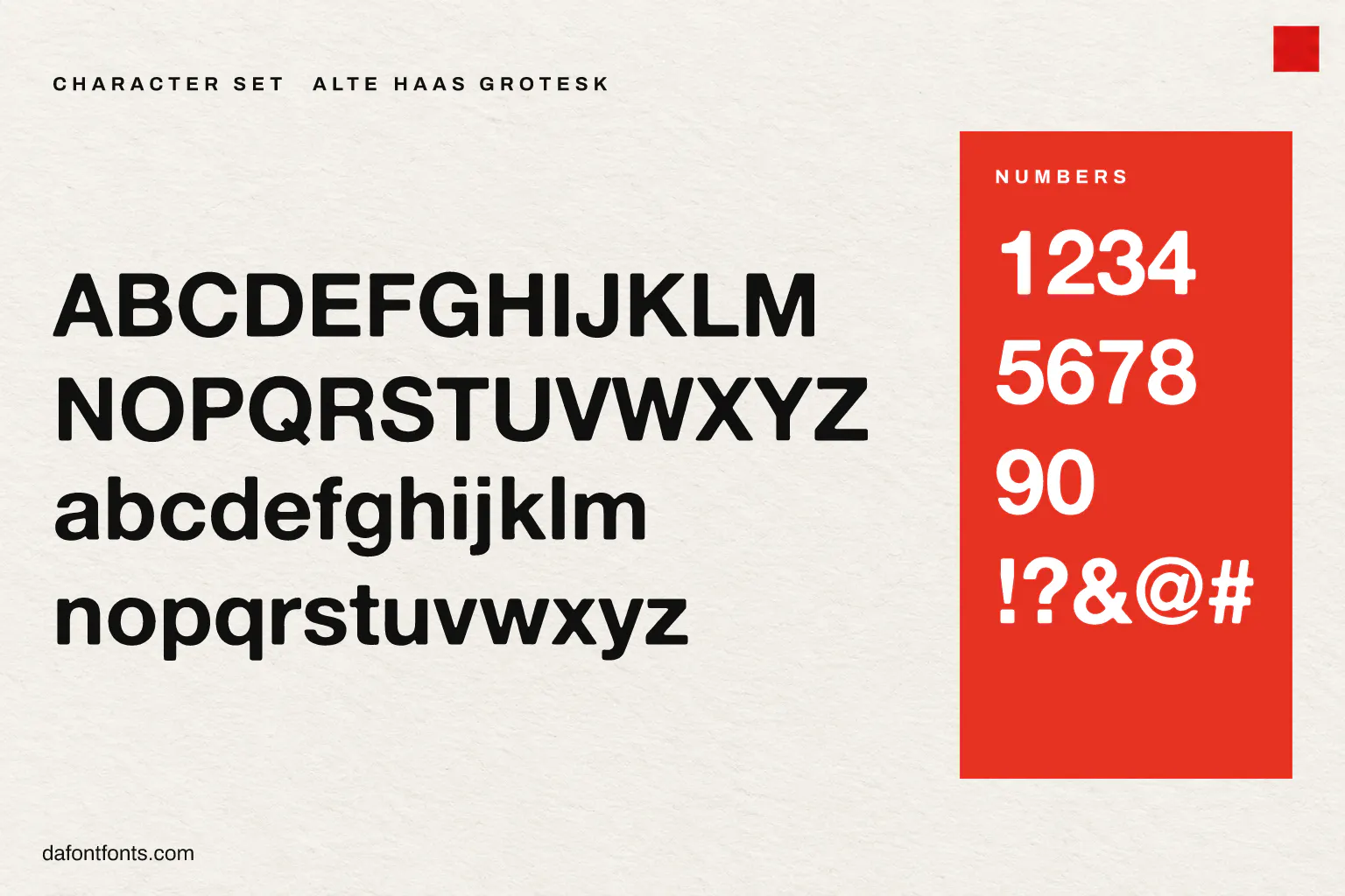 Alte Haas Grotesk character set: alphabet, numbers and symbols