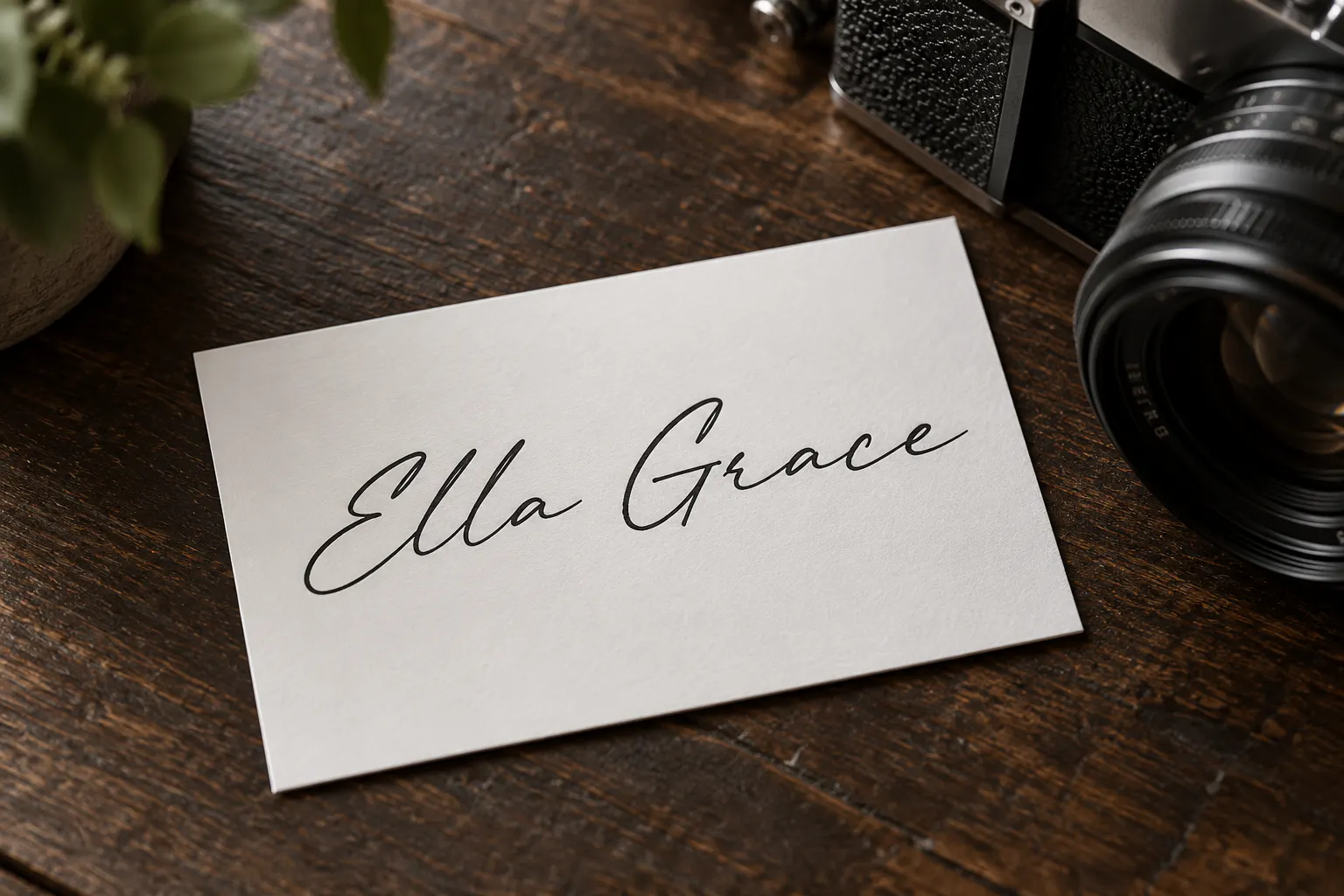 Always Classy font on a photographer business card reading Ella Grace