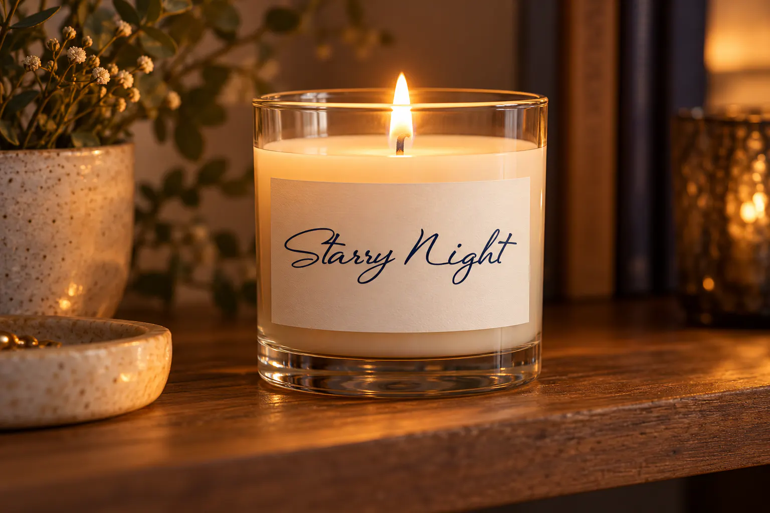 Always in the Star font on a candle label reading Starry Night