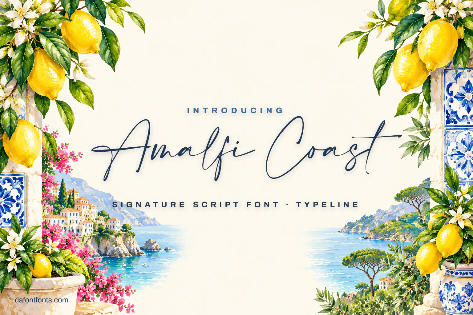 Amalfi Coast font poster: navy signature script on warm white with lemons and blue tiles