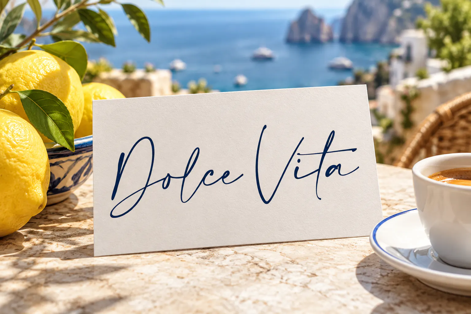 Amalfi Coast font on a postcard reading Dolce Vita