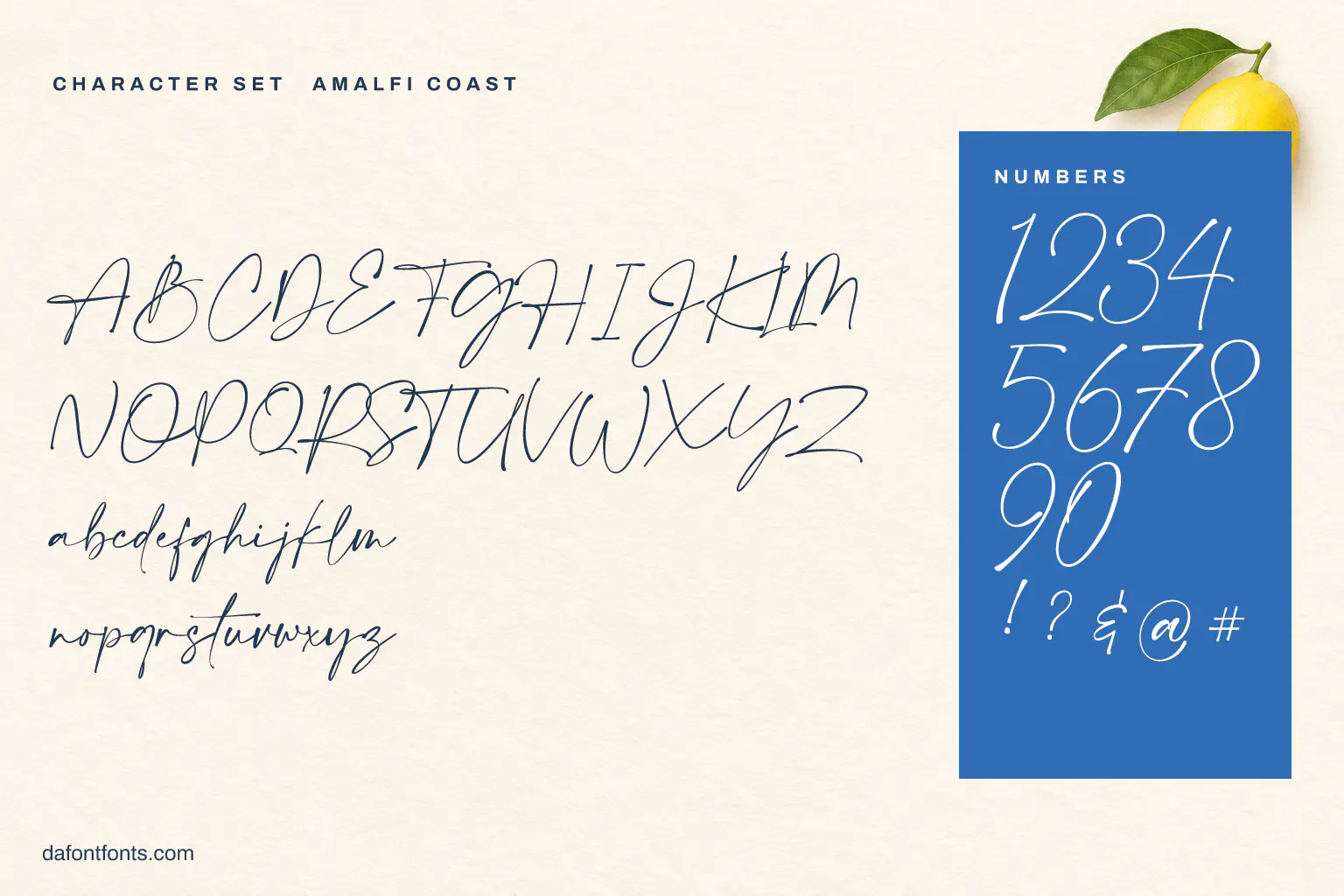 Amalfi Coast character set: alphabet, numbers and symbols