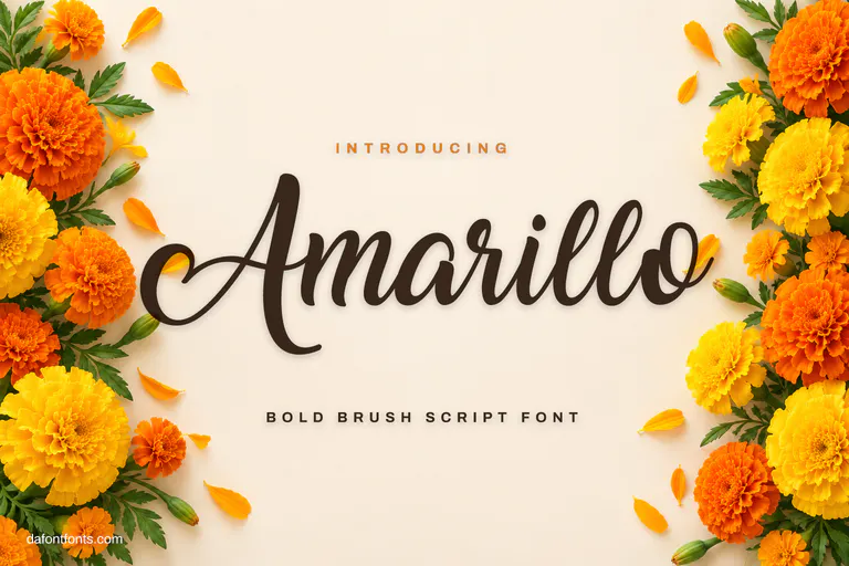 Amarillo font poster: dark brush script on off-white with marigold flowers