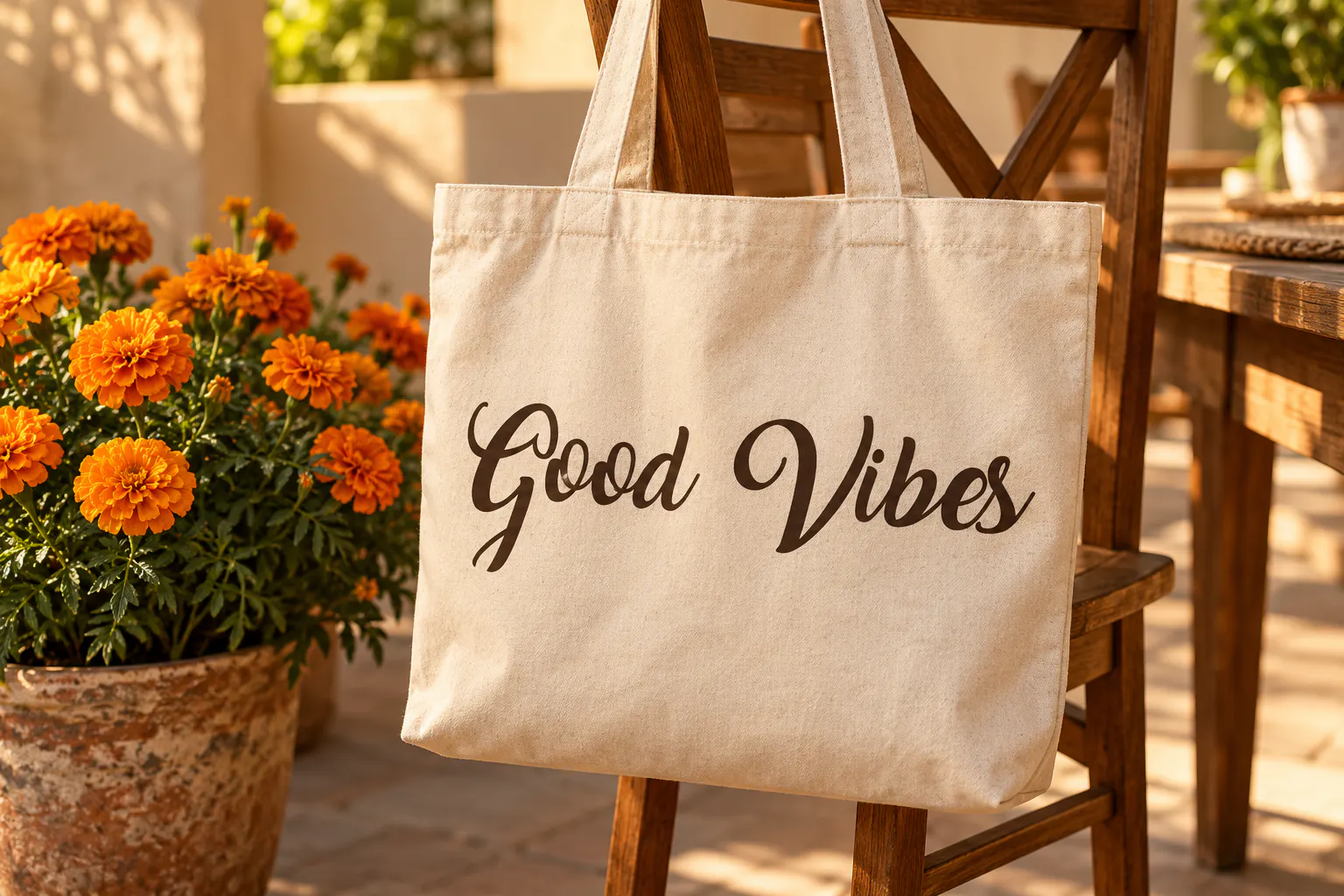 Amarillo font on a canvas tote bag reading Good Vibes