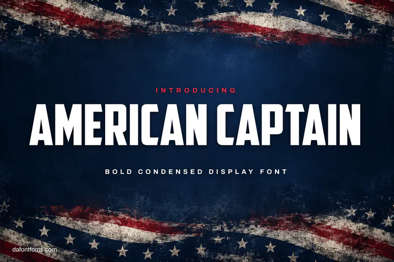 American Captain font poster: white condensed caps on navy with red and white stripes