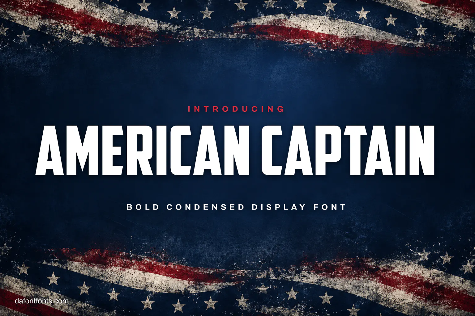 American Captain font poster: white condensed caps on navy with red and white stripes