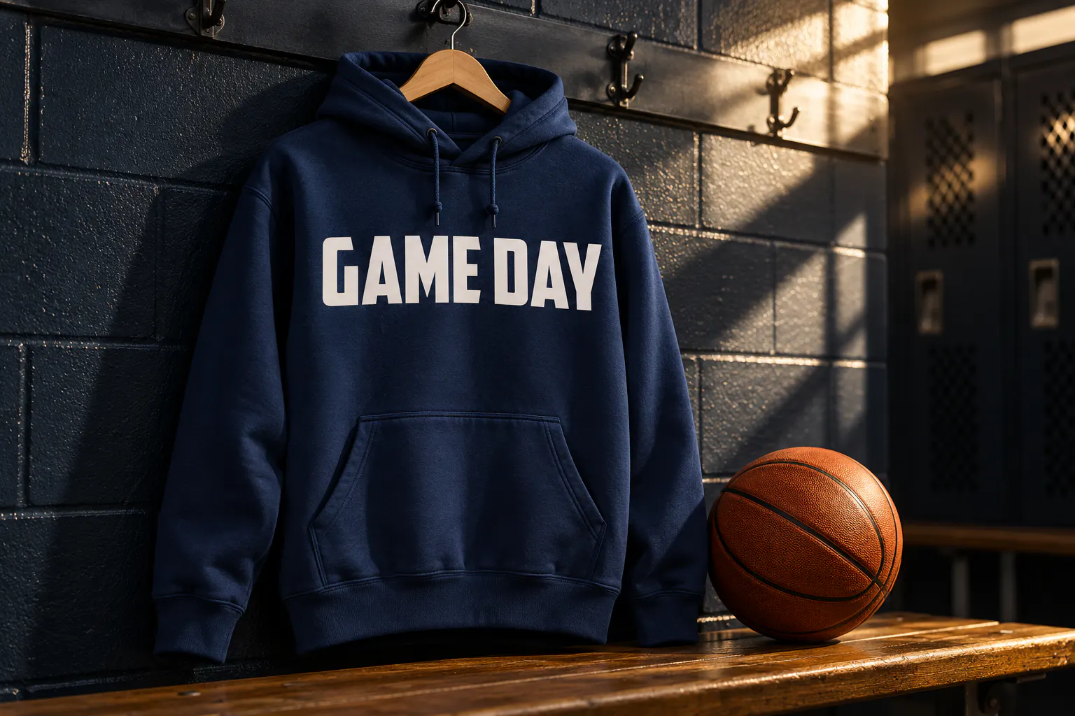 American Captain font on a navy hoodie reading GAME DAY