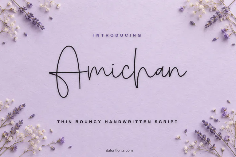 Amichan font poster: thin black handwriting on lilac paper with small flowers