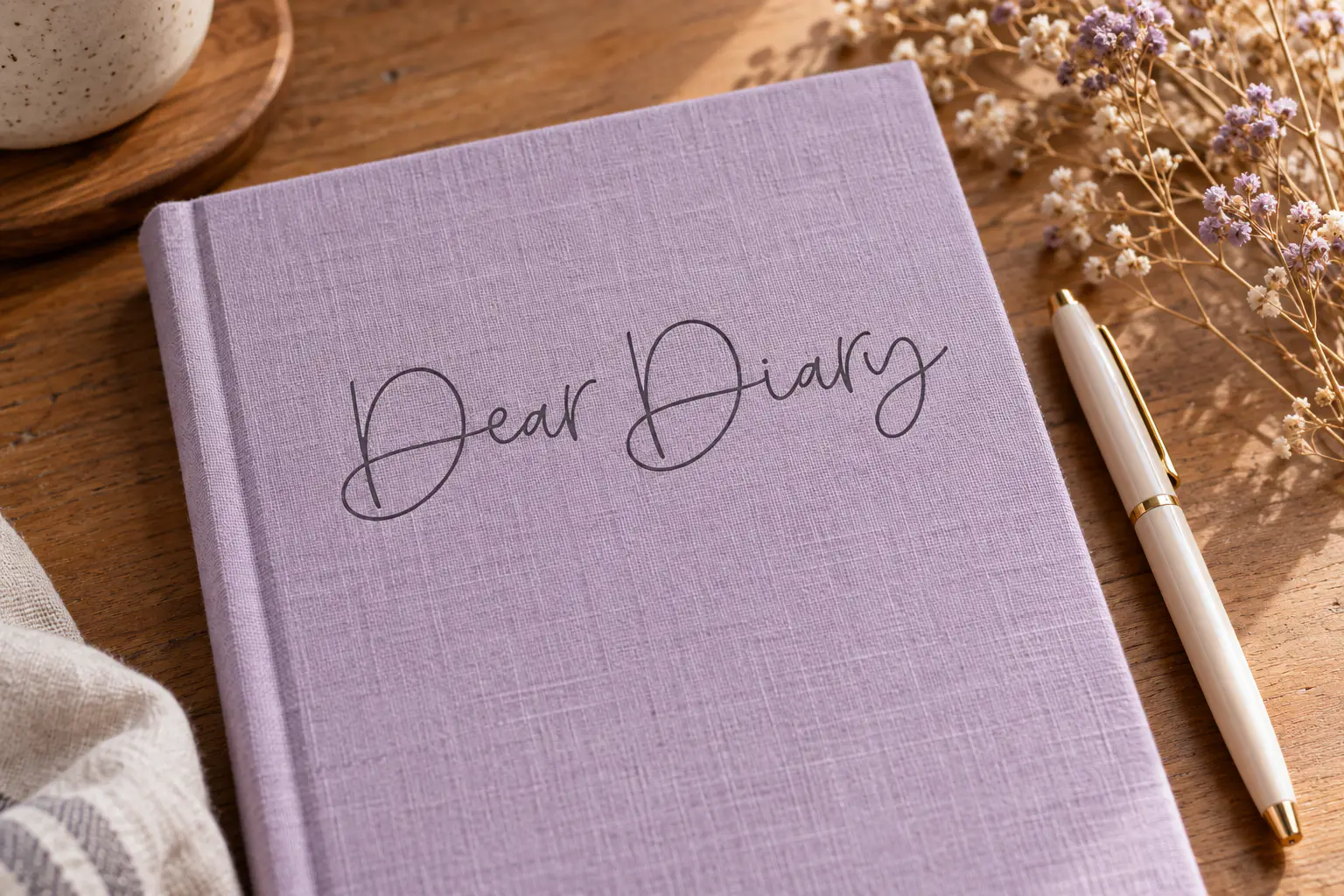 Amichan font on a notebook cover reading Dear Diary