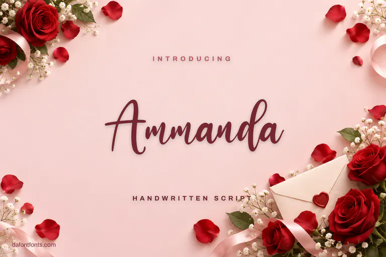 Ammanda font poster: wine red handwriting on blush pink with roses