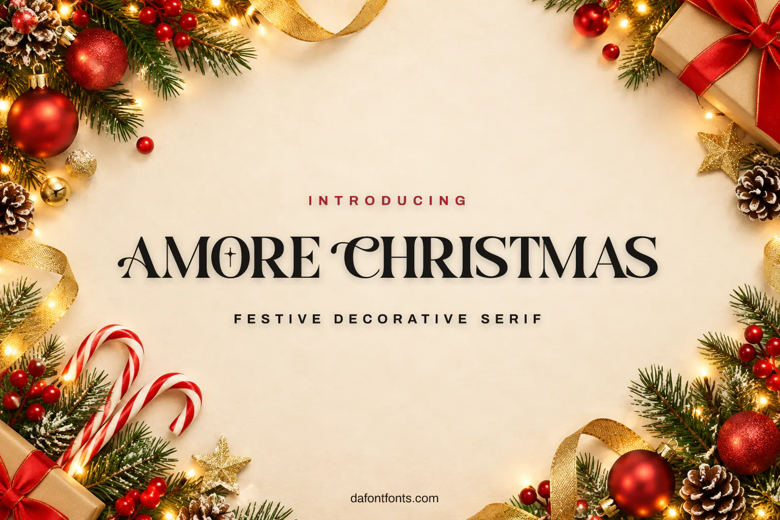 Amore Christmas font poster: festive serif with red ornaments and pine branches