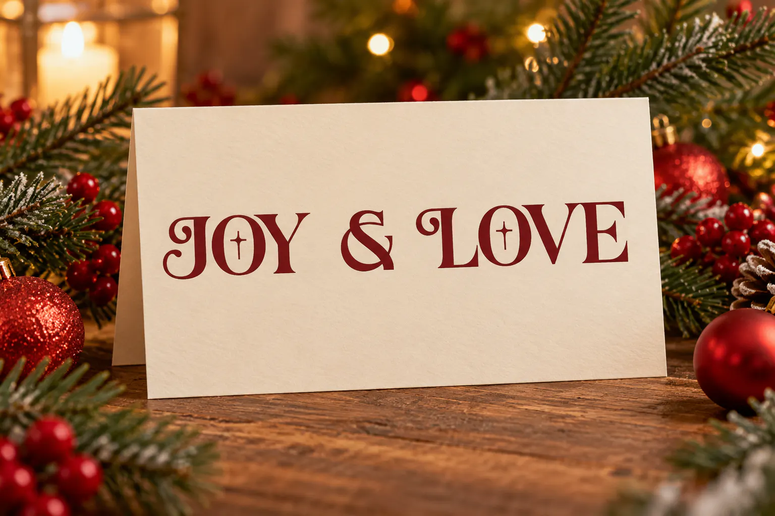 Amore Christmas font on a greeting card reading Joy & Love
