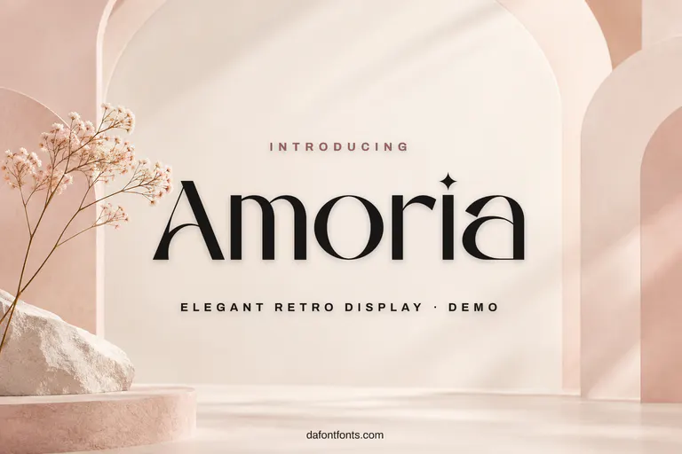 Amoria font poster: black retro display letters on a blush and ivory arched background