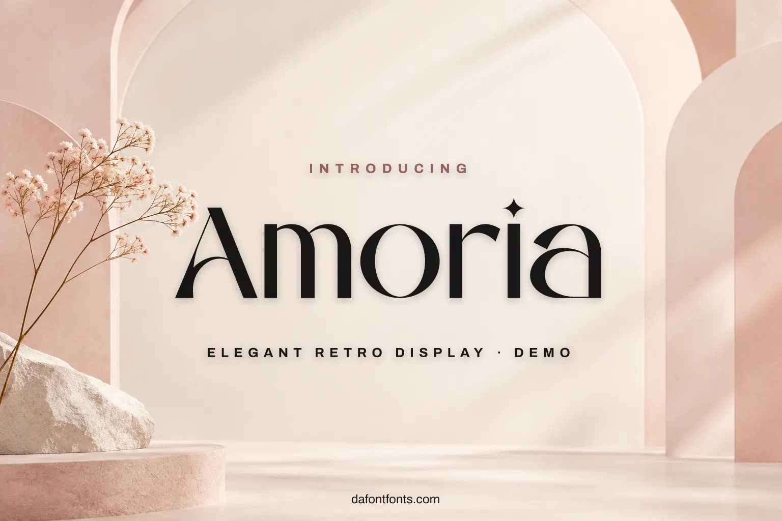 Amoria font poster: black retro display letters on a blush and ivory arched background