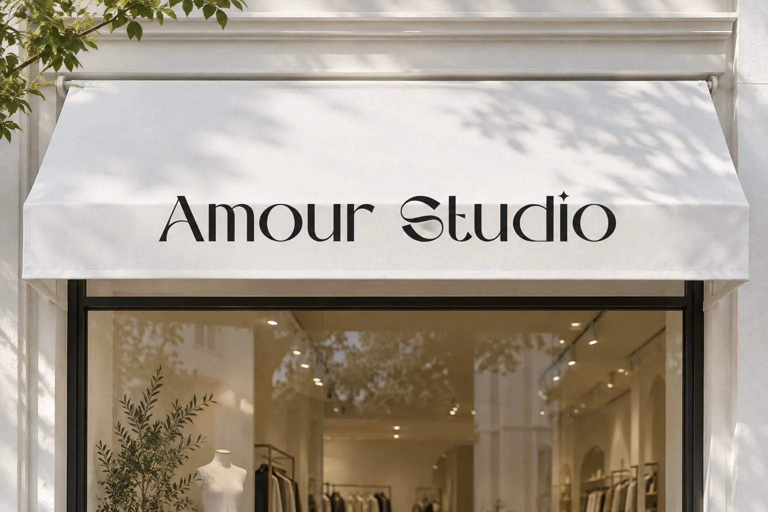 Amoria font on a boutique storefront sign reading Amour Studio