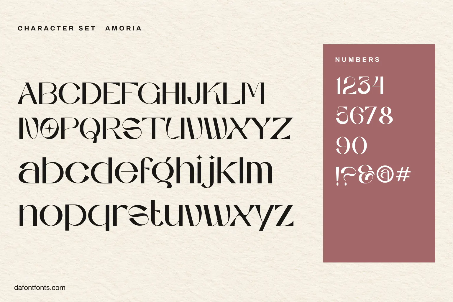 Amoria character set: alphabet, numbers and symbols